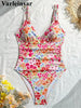 S - XL Floral Flower Printed V Neck One Piece Swimsuit Women Swimwear Female High Cut Leg Padded Bather Bathing Suit Swim V8150