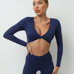 Long Sleeve Gym Crop Tops for Women Twist Deep V Workout Quick Dry Padded Sports Fitness Yoga T-Shirt