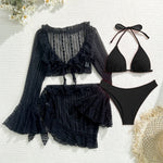 Sexy 4 Pieces Bikinis Sets Women Mesh Long Sleeve Cover Up Beach Skirt Swimwear Holiday Beach Bathing Suit Patchwork Swimsuit