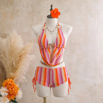 Vintage Blue Striped Knitted Cover Up 3 Piece Bikini Set 2026 Swimwear Women Push Up Bra Drawstring High Waist Shorts Swimsuit