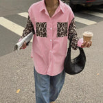 2026 New Women's Loose Casual Leopard Stripe Patchwork Long Sleeve Shirt with Pockets Turn Down Collar Blouse Top