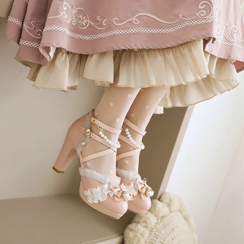 9cm Cross Strap Women High Heels Mary Jane Shoes Party Wedding Pearls White Lace Ruffles Bow Princess Lolita Pumps Sandals 33-46