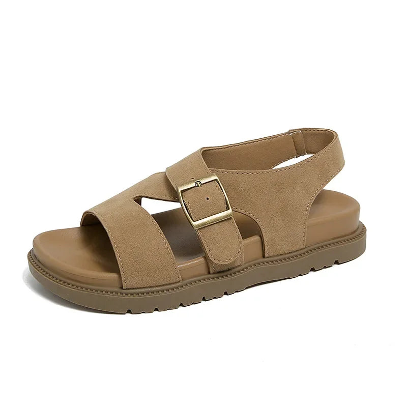 Women Sandals Summer New Solid Color Open Toe Flat Casual Slippers Buckle Fashion Outdoors Beach Sandals Sandalias De Mujer