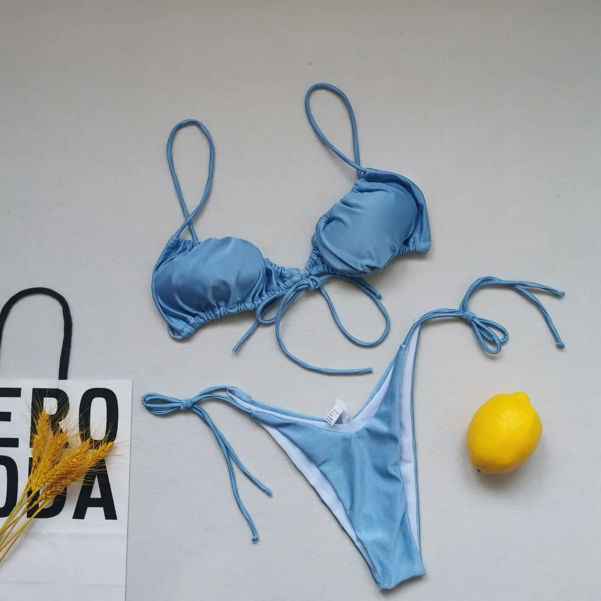 New Women's Sexy Swimsuit Loop Strap Bikini Set Double Face Plain Swimwear Lace Up Beach Clothes Swimming Pool Party Essential