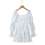 Sweet Long-sleeve Dress For Women Pleated Printed Short Women White Floral Print Mini Dress Long Puff Sleeve For Beach 96U3