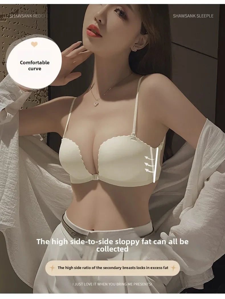 Front Button Underwear Women's Small Chest Pull Up To Show Large Summer Thin Collection Breast Anti-sag White Thin Strap Bra