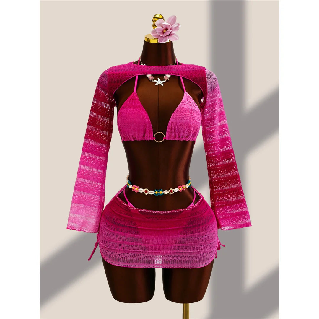 4PCS With Cover Up Skirt Gradient Bikini Women Swimwear Female Swimsuit Four-pieces Bikini set Bather Bathing Suit Swim V8303