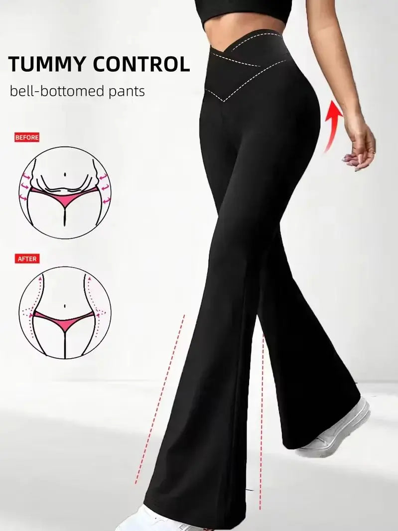 Stretchy Sports Flared Pants For Women Bootcut Wide Leg Sweatpants High Waist Soft Fitness Leggings Cross Waist Slimming Bottoms