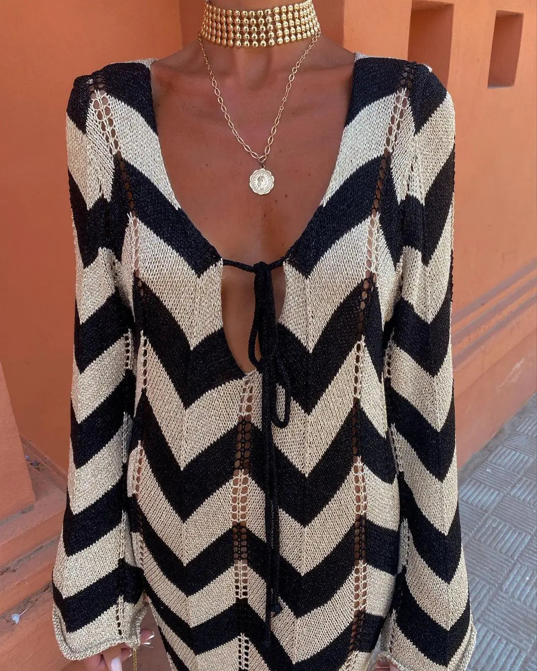 Knitted Dress Leace-up Vestido Dresses 2025 Woman Beach Hollow Out Slim Vacation Beachwear Temperament Long Sleeves Holiday Sexy