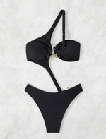 2026 Women's Sexy Black Cut-Out Bikini One Shoulder Metal Designer Backless Thong One-Piece Swimsuit Summer Swimsuit бикини