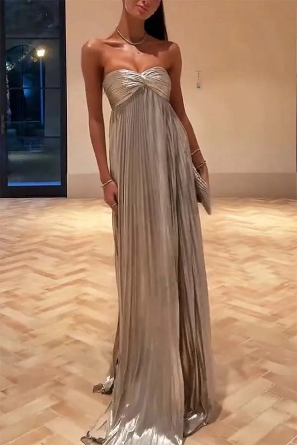 Gold Hot Tube Top Party Dresses Women Solid Color Sexy Hot Girls Fold Banquet Slit Evening Dress Female Streetwear Long Vestidos