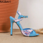 Women Bohemia Blue Floral Print High-heeled Sandals Women's Fashion Round Head Buckle Strap Sandals Wedding Party Shoes New 2026