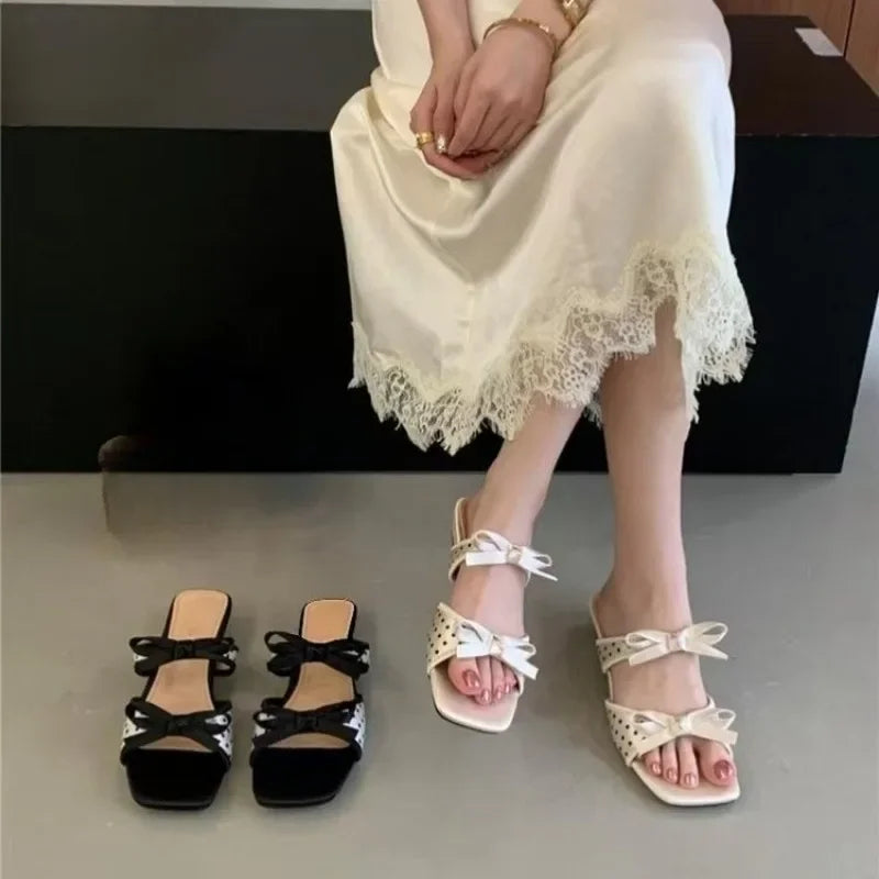 Bow Women Slippers High Heeled Sandals Shoes Square Toe Elegant 2026 Summer Trend Toe Dress Party