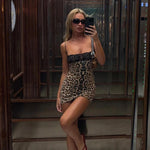 Ahagaga Camisole Sexy Mini Dresses Women Backless Lace Patchwork Leopard Print Sequin Slim Bodycon Y2K Club Party Vestidos