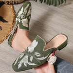 NASBAVI Fashion 3d Embroidery Mules Women Fur Slippers Velvet Shoes Ladies Low Heel Flower Decoration Sandals Women's Flip Flops