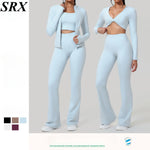 Women's Yoga Sets Sports Fitness Cross Beauty Back Bra Long-sleeved Zipper Jakcet Hip-Lifting Flared Pants Outdoor Running Suits