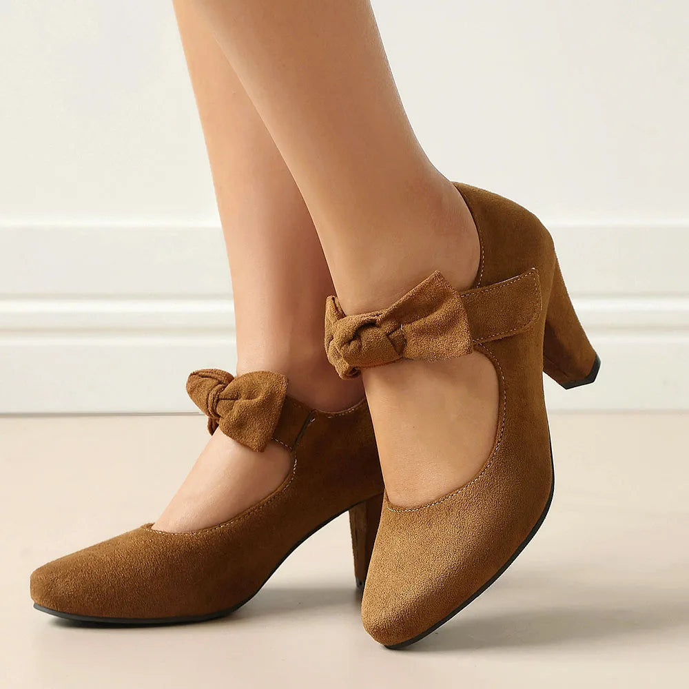 2026 Plus Size 45 Vintage Bowknot Bow Mary Jane Shoes Women 7cm High Heeled Retro Suede Look Brown Lolita Block Heel Pumps