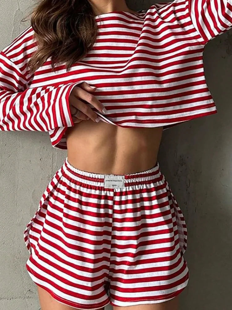 Summer Striped Pajamas Set for Women's Long Sleeve Top and Shorts 2 Piece Sleepwear Set Casual Home Wear Loungewear