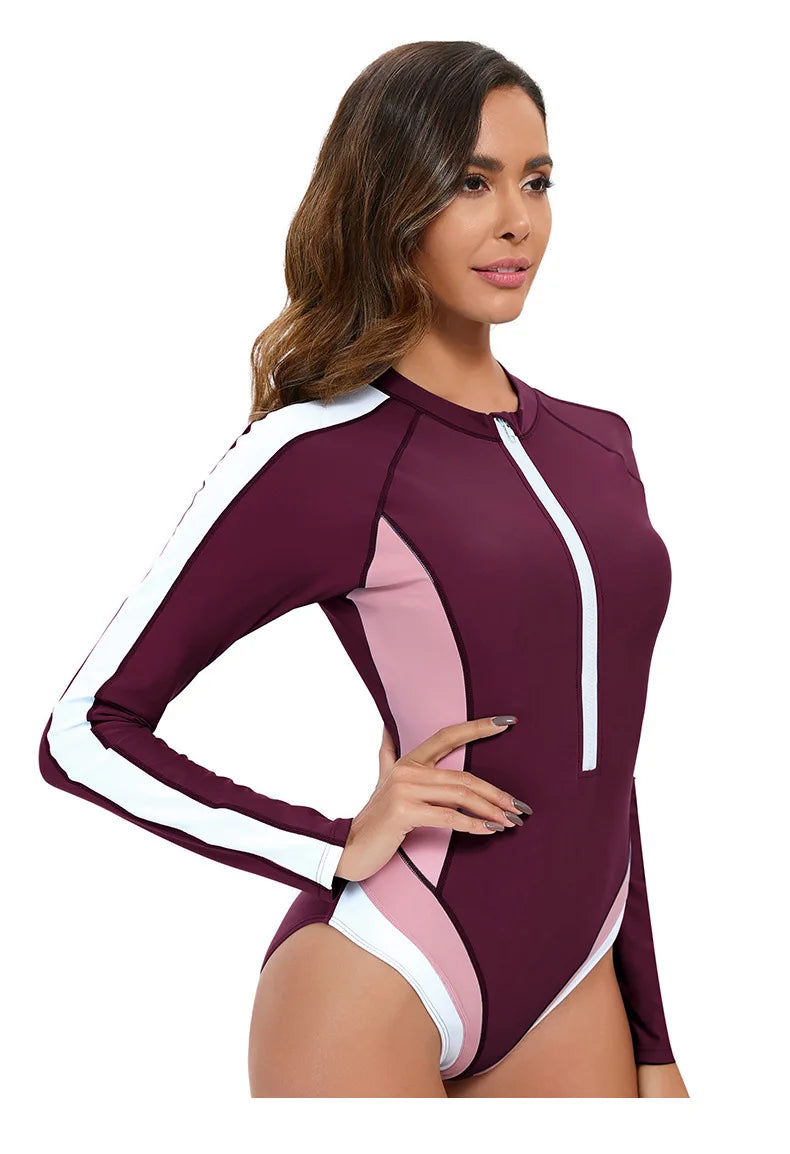 Long Sleeved Sun Protection One-piece Sports Swimsuit for Women High Elasticity Slim Zipper Sports Bikini Monokini Surfing Suit