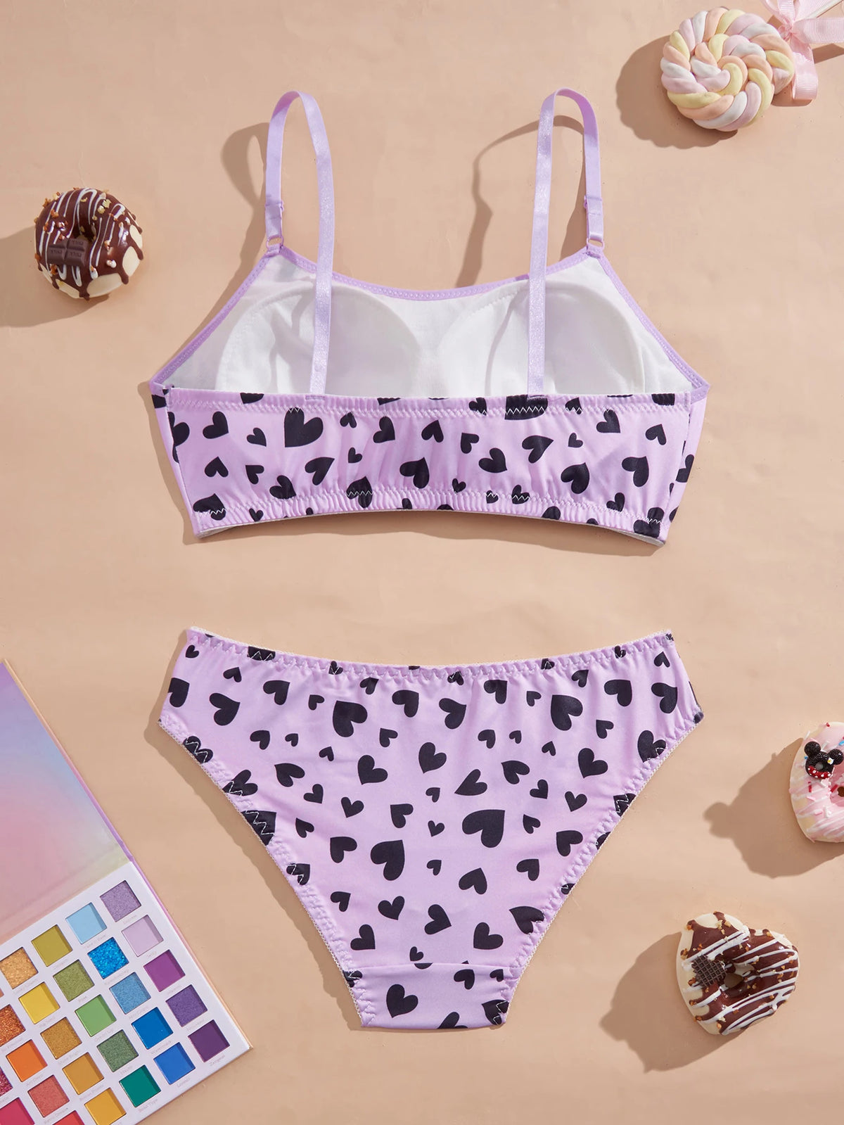 Purple Heart Print Teen Girls Bra Set Wireless Padded Bra and Soft Panties Adjustable Straps Soft Lingerie