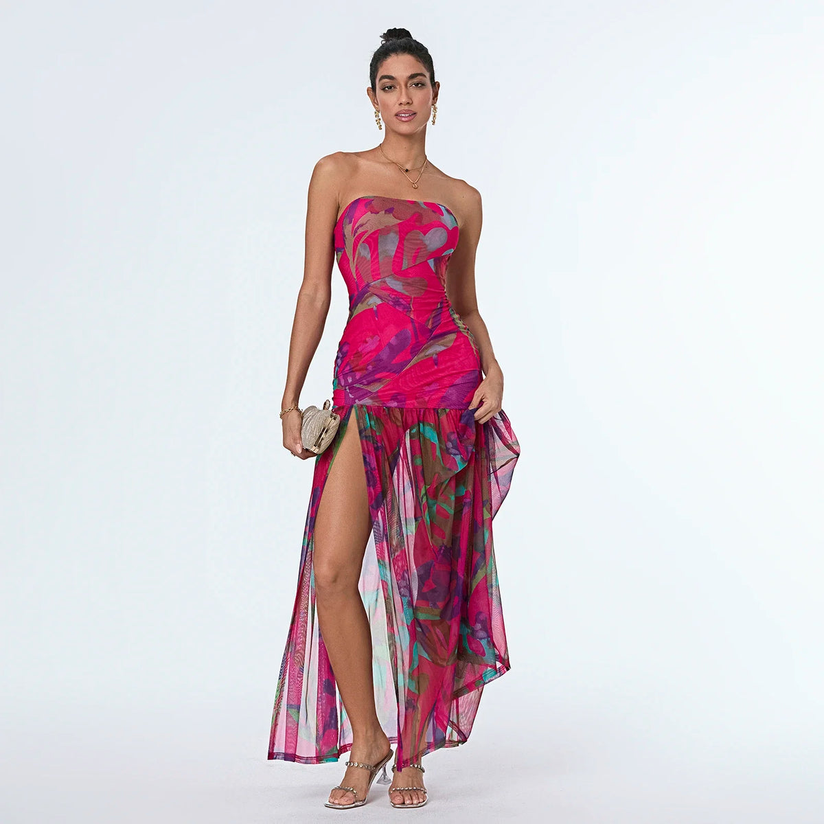 Women’s Tube Top Dress Bohemian Printed Strapless Mesh High Slit Long Dress Summer Evening Party Beach Sexy Club Dresses Summer
