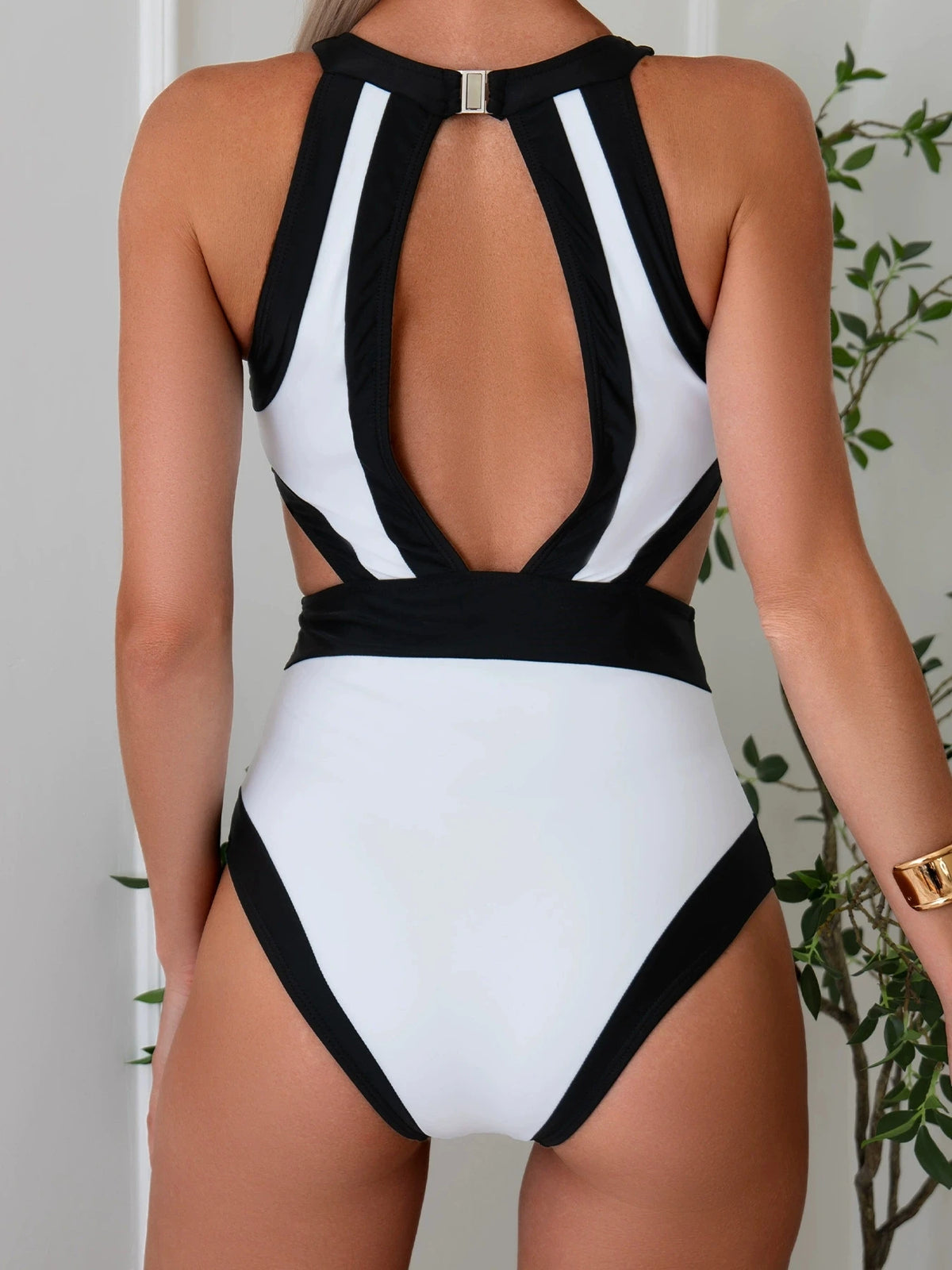 Vintage White Black Patchwork Swimwear Women 2026 Hollow Out Backless High Waist Bikini Beach Bathing Suit One Piece Swimsuit