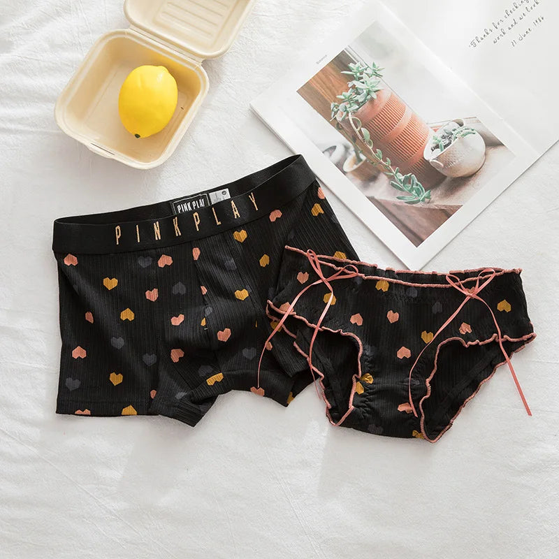 Heart Print Couple Underwear Set Men's Boxers Shorts Women's Underwear Cotton Panties for Men Women Underpants Lover's Panties