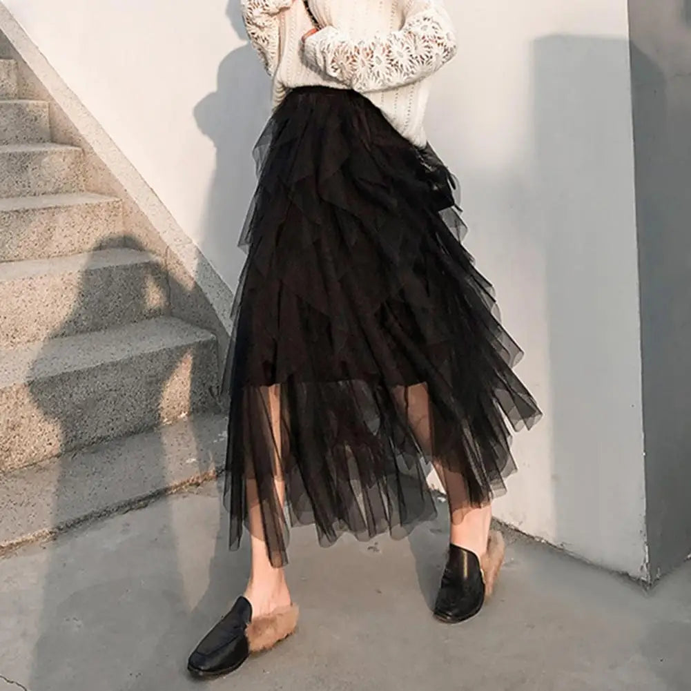 Flowy Hem Versatile Cake Skirt Women Midi Skirt Elastic High Waist Mesh Yarn Decor Long Skirt Solid Color