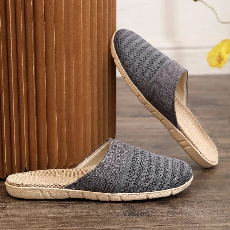 Women Indoor Linen Slippers 2025 Spring Summer Shoes Anti-slip Light Weight Breathable Lace Couples Home Floor Slides