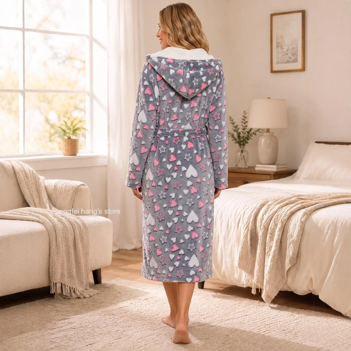 Women New Winter Flannel Hooded Robe Heart Print Thick Warm Long Home Bathrobe Cozy Belted Casual Sleepwear Loungewear