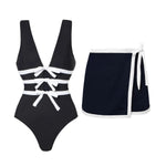 New 2Pcs Black Hollow Swimsuit Women Sexy Swimwear With Midi Skirt Push Up Bikini Female Biquini Bathingsuit Bodysuit Beachwear