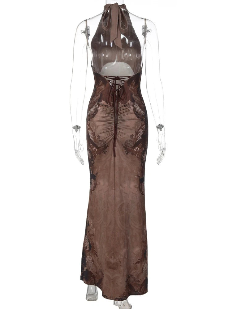 FDYOUI Women Vintage Halter Printed Long Party Club Dresses 2026 Summer Ladies Sexy Backless Lace-up Bodycon Evening Prom Dress