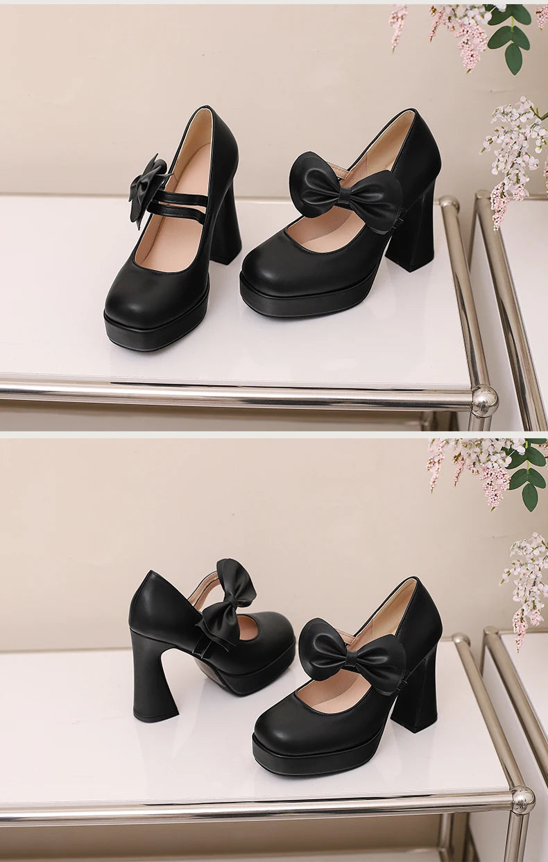 Plus Size Women's Bow Mary Janes Platform Chunky Heels Ankle Strap High Heel Pumps Sweet Lolita Party Dress Shoes
