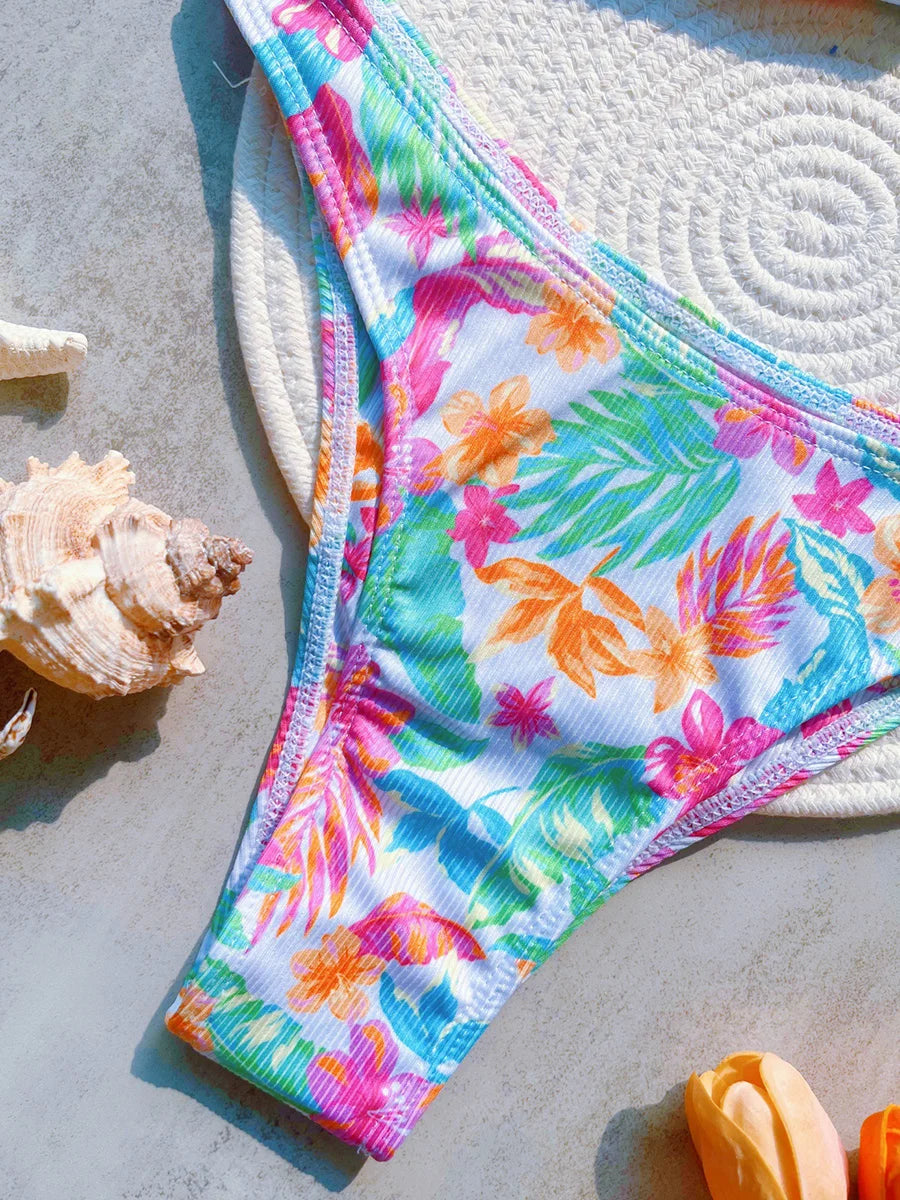 Ribbed Floral Printed Bandeau Bikini Women Swimwear Female Swimsuit Two-pieces Bikini Set High Cut Bather Bathing Suit Swim Lady