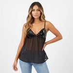 Women's Summer Solid Color Sequin Cami Tops Sleeveless Spaghetti Strap Deep V Neck Camisole