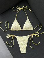 Sexy Yellow 3D Flower Micro Bikini 2026 Women Hole Out Stone Strap Push Up Bra Thong Swimsuit Holiday Bathing Suit Swimwear