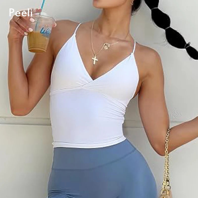 V Neck Gym Top Longline Yoga Tops Women Clothes Thin Strap Sports Shirts High Elastic Workout Vest Push Up Fitness Tank Top Yoga