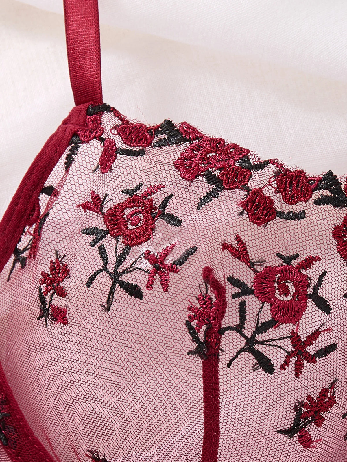 Romantic wine red rose embroidery lingerie set - see-through netting bra - casual erotic women's lingerie ZA824026