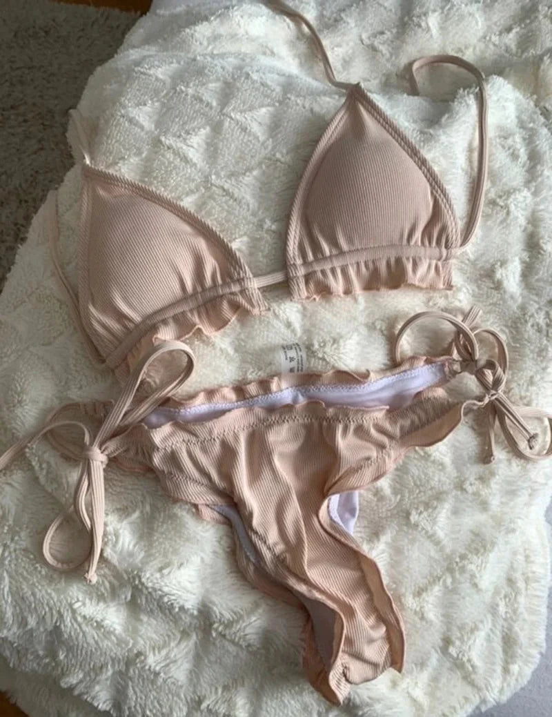 2026 Ribbed Ruffled Frilled Brazilian Bikini Women Swimsuit Female Swimwear Two Pieces Bikini Set Halter Bathing Suit Swim Lady