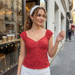 Women Square Neck Tops Botton Down Cap Sleeve Crop Blouse Summer Retro Casual Daily OfficeBack Tie Shirts