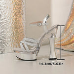 Big Size 43 Sexy Silver Glitter Platform High Heels Sandals Women Ankle Strap Metallic Nightclub Party Sandals Wedding Shoes