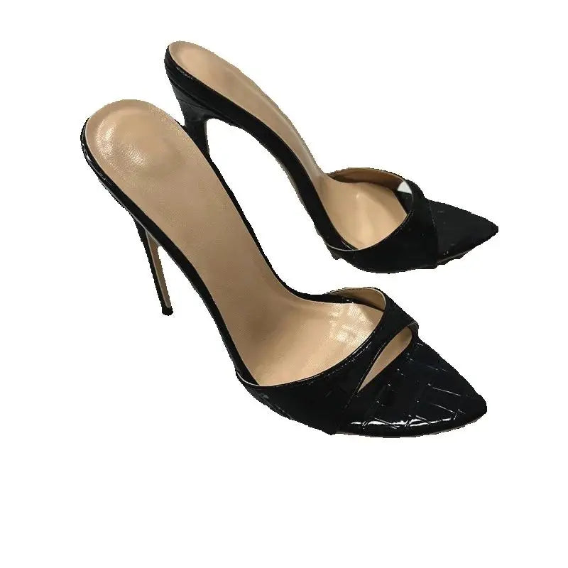12cm Glossy Colorful mixed colors open pointed toe 12cm super high thin heels slip on outdoor sexy women sandals