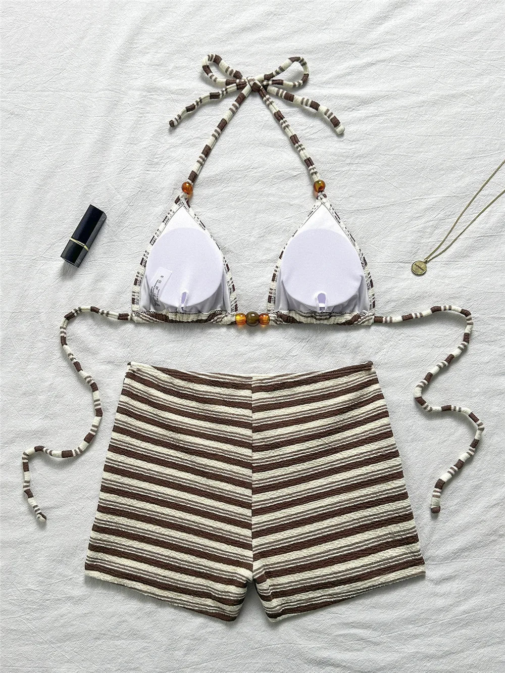 Sexy Striped Print Triangle Bikini with Shorts Halter Bead String Swimsuit Woman 2026 Swimwear Brazilian Bikinis Sets Femmes
