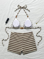 Sexy Striped Print Triangle Bikini with Shorts Halter Bead String Swimsuit Woman 2026 Swimwear Brazilian Bikinis Sets Femmes