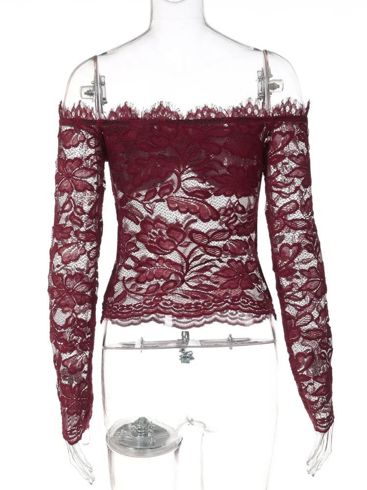 FDYOUI 2026 Spring Summer Wine Red Lace T-shirts for Women Slash Neck Slim Crop Tops Sexy Elegant See-through Short Tee Shirt