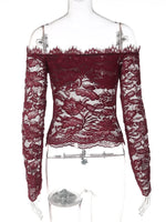 FDYOUI 2026 Spring Summer Wine Red Lace T-shirts for Women Slash Neck Slim Crop Tops Sexy Elegant See-through Short Tee Shirt