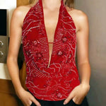 Women Flower Sequins Halter Vest Sleeveless Backless Deep V Neck Camisole Vintage Sexy Tank Top Streetwear