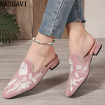 NASBAVI Fashion 3d Embroidery Mules Women Fur Slippers Velvet Shoes Ladies Low Heel Flower Decoration Sandals Women's Flip Flops