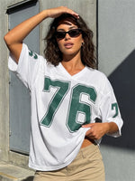 Womens Sporty Jersey Shirts Graphic Number Print Short Sleeve V Neck Loose Fit Tee Tops Summer Casual T-shirt Streetwear