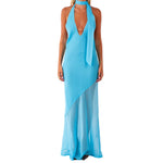 Women's Summer Dress Dot Print Backless Halter Slim Fit Long Dress with Scarf Party Elegant Dresses